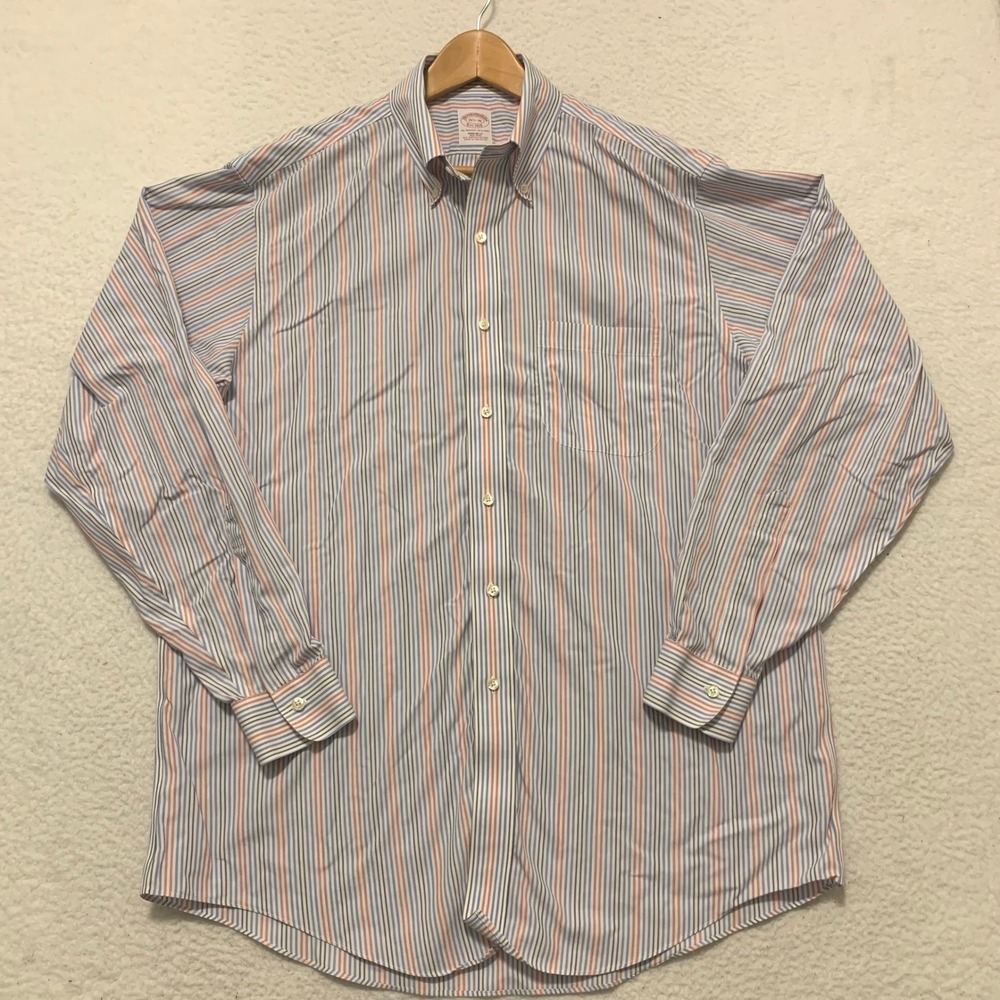 Brooks Brothers Regular Fit Non-Iron Shirt 16.5-36 Blue Red Stripe Supima Cotton